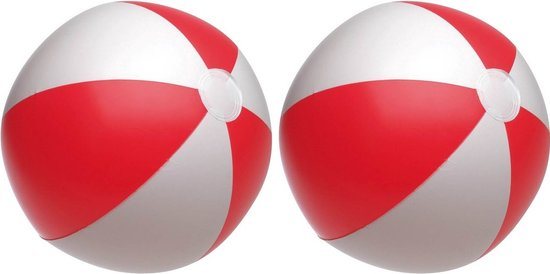 Opblaasbare speelgoed strandbal - 2x - rood/wit - dia 28 cm - Strandballen - Buiten speelgoed - Strand speelgoed - PVC