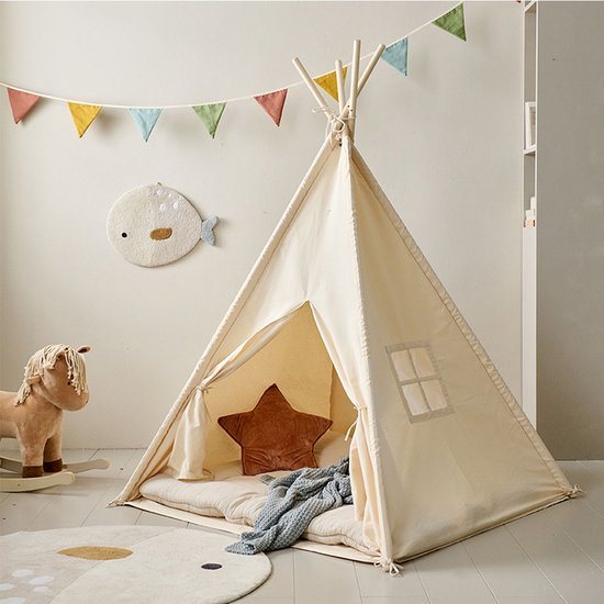 Petite Amélie Speeltent Été – Wigwam met dunne vloerbodem – Tipi 100% katoen – Wasbaar op 30° – Extra veilig & licht door afgeschermd raam