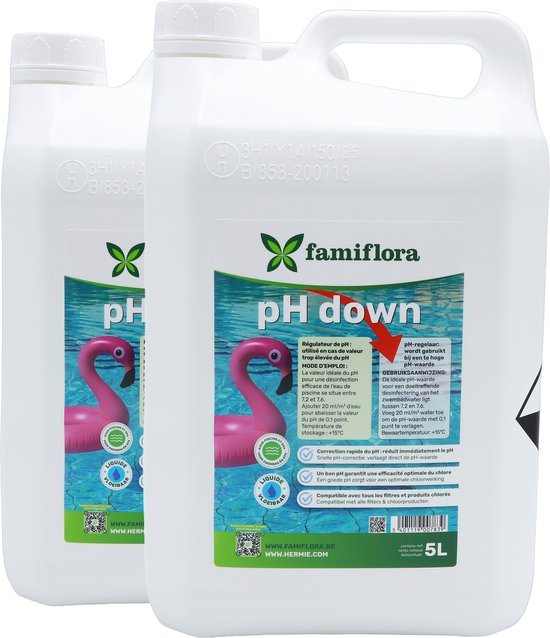 Famiflora pH Down vloeibaar 10L (2 x 5L) - verlaagt de pH-waarde van je zwembad of spa! - Verlaagt pH-waarde zodat chloor zijn werk efficiënt kan doen en water constant schoon blijft
