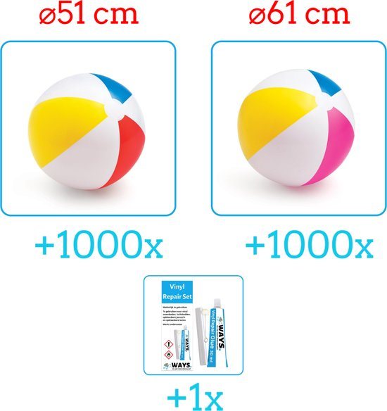Intex Opblaasbare Strandballen - Strandbal Voordeelverpakking - 2 x 1000 stuks - Strandbal Jumbo - Diameter 51 en 61 cm - Ideal voor Festivals - Inclusief handig Reparatiesetje