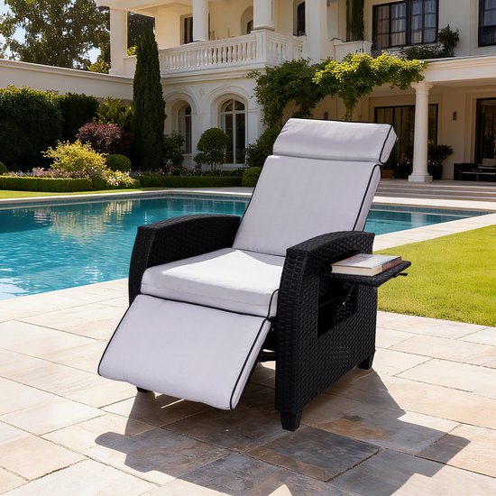 BELONID TY01 Tuinstoel met Verstelbare Rugleuning - Buitenfauteuil met Zijtafeltje - Relaxstoel met Ligfunctie - Loungestoel voor Tuin - Waterafstotend en UV-bestendig - Geschikt voor Binnen, Balkon, Terras en Tuin (Handmatige Verstelling)