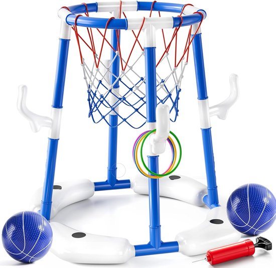 Huntex Basketbal & Ringenspel – 2-in-1 Speelset voor Kinderen & Volwassenen – Binnen & Buiten – Inclusief 2 Ballen, 12 Ringen en Pomp – Blauw