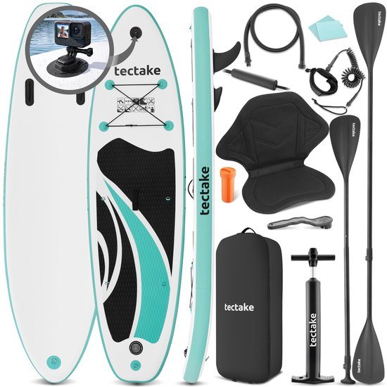 tectake® Stand-Up Paddle Board met Camerabevestiging - 2-in-1 SUP Plank - Opblaasbaar - Stabiel - 288 x 77 x 22,5 cm - Ook als Kajak - Max 200kg - Rood/Blauw - Complete SUP set met Zitje en Camera Mount