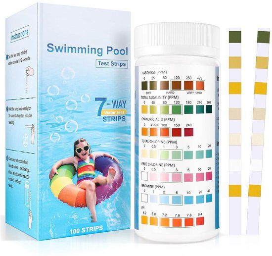 Zwembad en Jacuzzi Test Strips 7 in 1 - 100 Strips - PH Waarde En Chloor - Zwembad Test Strips - Teststrips - Swimming Zwembadtestkit - Pool Chloor - Zwembad PH Tester - Watertester - Voor Zwembad, Spa En Bubbelbad