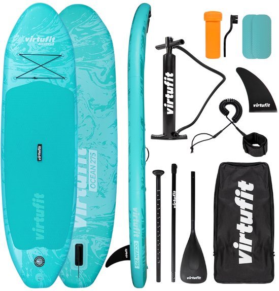 VirtuFit Ocean Opblaasbaar SUP Board 275 cm - Max. 150 kg - Complete Set - Inclusief Pomp, Peddel, Draagtas, Accessoires & GoPro-mount - Stand Up Paddle Board - Turquoise