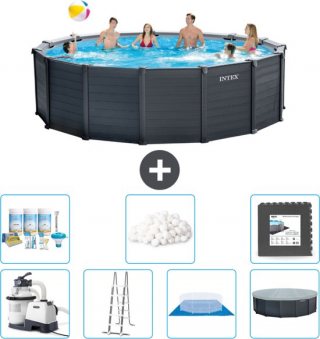 Intex Rond Graphite Gray Panel Zwembad - 478 x 124 cm - Inclusief Pomp - Ladder - Grondzeil - Afdekzeil Onderhoudspakket - Filterbollen - Vloertegels