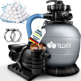 tillvex Zandfiltersysteem 13.200L/h tot 40.000L + 1200g Filterkogels | Zandfilterinstallatie 7-weg ventiel & Adapter Ø32-38mm | Zwembadfilter met drukweergave | Zandfilter zwembad (Grijs)
