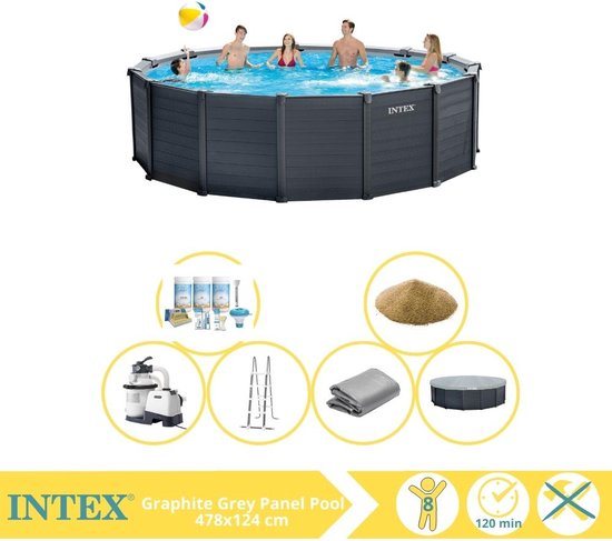 Intex Graphite Gray Panel Zwembad - Opzetzwembad - 478x124 cm - Inclusief Onderhoudspakket en Filterzand