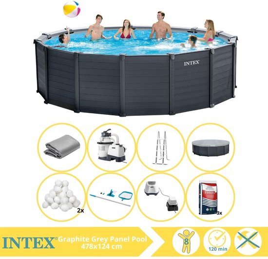 Intex Graphite Gray Panel Zwembad - Opzetzwembad - 478x124 cm - Inclusief Filterbollen, Onderhoudsset, Zoutsysteem en Zout