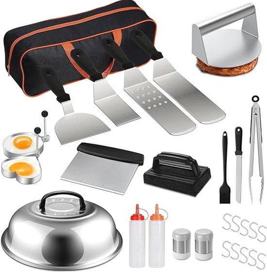 28-delige grillbestekset, Smash Burgeraccessoires met hamburgerpers, grillspatel, plancha-accessoires voor grillen, teppanyaki outdoor en indoor, kookaccessoires, barbecue-accessoires voor mannen