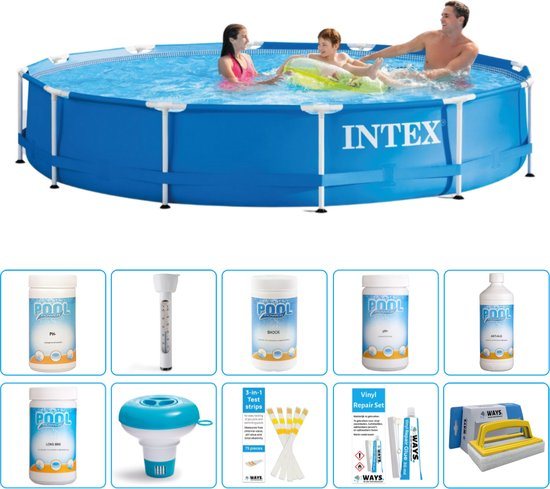 Intex Rond Frame Zwembad - 366 x 76 cm - Blauw - Inclusief Chloor - Chloordrijver - Testrips - Reparatiesetje - Scrubborstel - PH-waarde - PH-waarde - Thermometer - Algen - Chloor