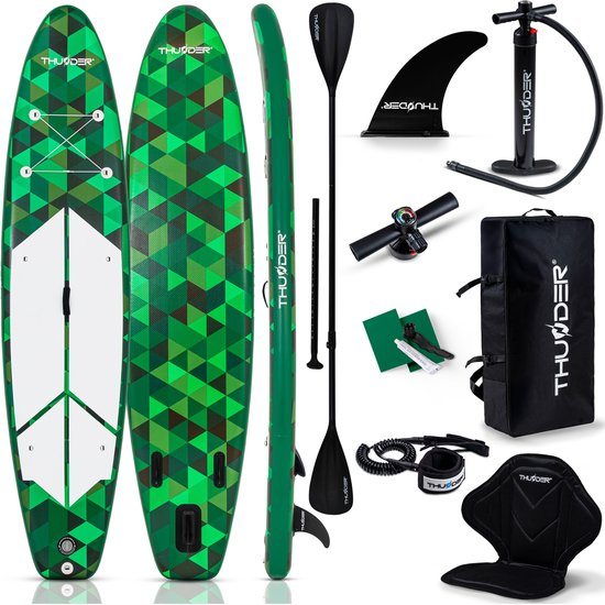 THUNDER CAMO SUP Board Opblaasbare 350 cm met Kajakstoel – Complete Set met Pomp, Peddel & Accessoires