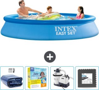 Intex Rond Opblaasbaar Easy Set Zwembad - 305 x 61 cm - Blauw - Inclusief Solarzeil - Onderhoudspakket - Zwembadfilterpomp - Vloertegels