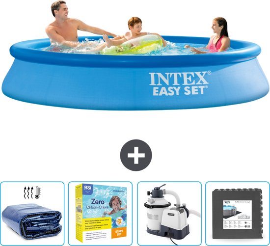 Intex Rond Opblaasbaar Easy Set Zwembad - 305 x 61 cm - Blauw - Inclusief Solarzeil - Onderhoudspakket - Zwembadfilterpomp - Vloertegels