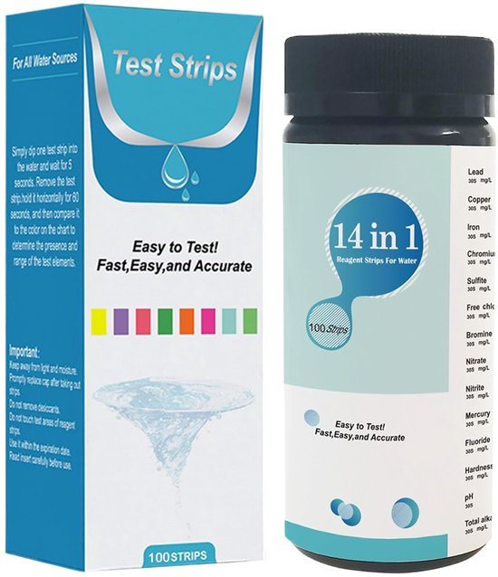 14-in-1 Zwembad Teststrips - 100 Strips - pH & Chloor Watertester - Geschikt voor Zwembad, Spa, Jacuzzi & Drinkwater - Snelle & Eenvoudige Waterkwaliteitstest - Nauwkeurige Resultaten in Seconden