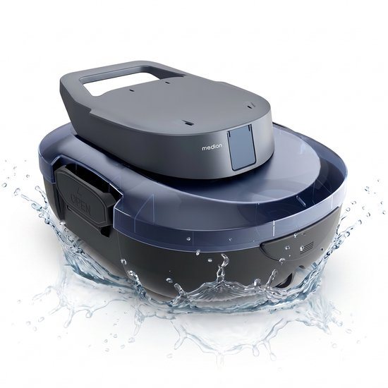 MEDION PR1 Zwembadrobot accu, voor opzetzwembad, bodemreiniging zwembad, One-Click-bediening, zelfparkeerfunctie, 120 min accuduur, 2,2 L filtercapaciteit, voor 80–100 m², incl. oplader en haak | Bode