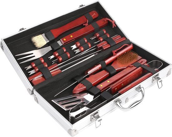 18-delige draagbare barbecueset - barbecue-accessoires - grillgereedschap in aluminium behuizing - tuin en reizen - kerstcadeau voor mannen