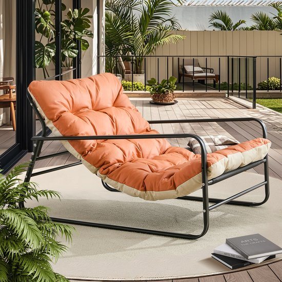 HomeMiYN Loungestoel met Stalen Frame – Teslindi Stof Oranje-Rood – Voor Woonkamer, Balkon, Tuin & Terras – 240kg – Ergonomisch