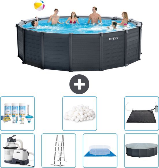 Intex Rond Graphite Gray Panel Zwembad - 478 x 124 cm - Inclusief Pomp - Ladder - Grondzeil - Afdekzeil Onderhoudspakket - Filterbollen - Solar Mat