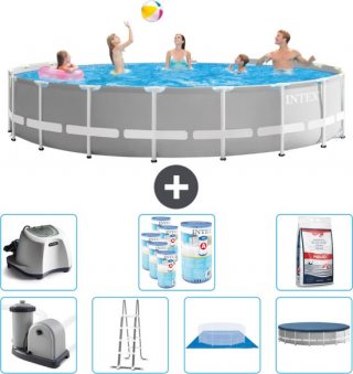 Intex Rond Prism Frame Zwembad - 548 x 122 cm - Grijs - Inclusief Pomp - Ladder - Grondzeil - Afdekzeil Zoutwatersysteem - Filters - Zwembadzout