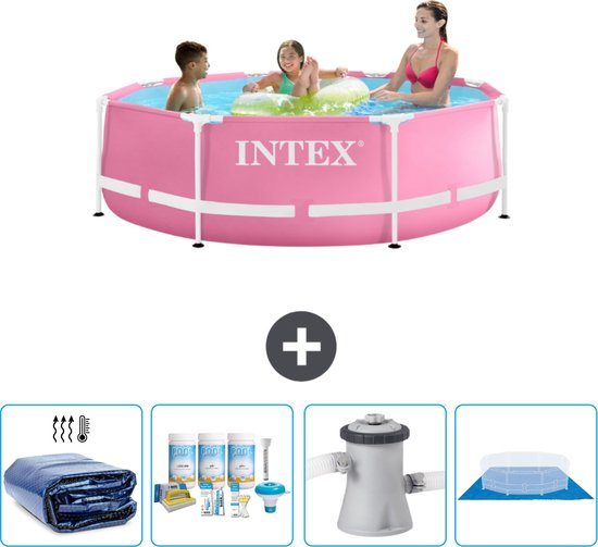 Intex Rond Frame Zwembad - 244 x 76 cm - Roze - Inclusief Solarzeil - Onderhoudspakket - Zwembadfilterpomp - Grondzeil