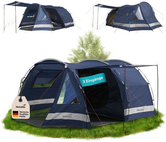Skandika Kambo tunneltent voor 4 personen - Donkere slaapcabine met zilvercoating, 3000 mm waterkolom, 3 ingangen, zonnescherm, voorruimte met inlegvloer | Donkerblauw campingtent