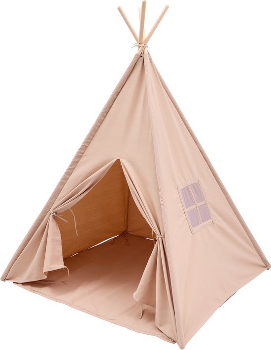 Sunny Vera Tipi Tent Sandy Beige voor kinderen – Wigwam Speeltent met raam van katoen – Tipi tent kinderen met Vloermat – 110x110x160cm – Stokken van hout