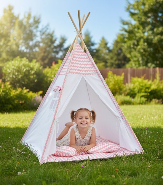 Speeltent - Tipi Tent - Met Grondkleed & Kussens - Speelhuisje - Tent voor kinderen - Roze-Wit