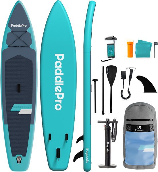 LifeGoods SUP Board Touring - 180 KG Draagkracht - 365 x 76 cm - Opblaasbaar - Compleet Sup pakket - Turquoise