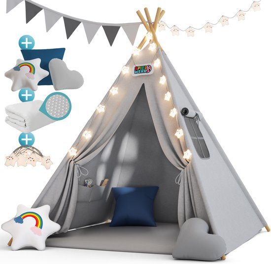 Spielwerk Speeltent – LED Verlichting & 3 Kussens 130x130x160cm – Grijs