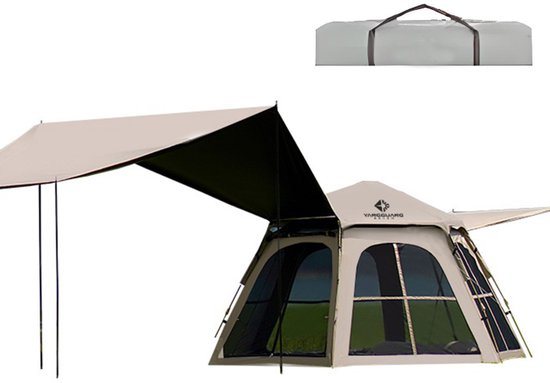 Pop-up Familietent met XXL Zonnescherm - 4-Persoons Koepeltent - Opzetten in 3 Seconden - Inclusief Voorluifel voor Extra Leefruimte - Waterdichte kampeertent - pop up tent voor Kamperen - festival tent + Draagtas - Kaki