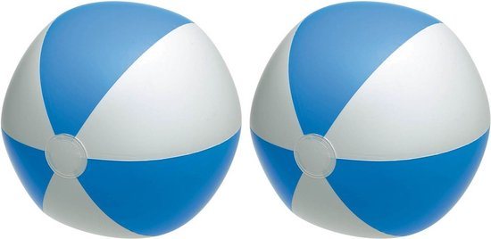 Inspirion Speelgoed strandbal - 2x - opblaasbaar - blauw/wit - dia 28 cm - Strandballen