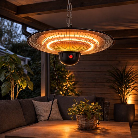 Terrasheater Hangend 2000W – Infrarood Heater met LED Verlichting & Afstandsbediening – Voor Veranda, Overkapping & Terras – Ø45 cm