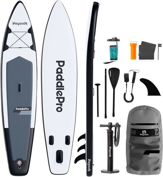 LifeGoods SUP Board Touring - 180 KG Draagkracht - 365 x 76 cm - Opblaasbaar - Compleet Sup pakket - Wit/Zwart