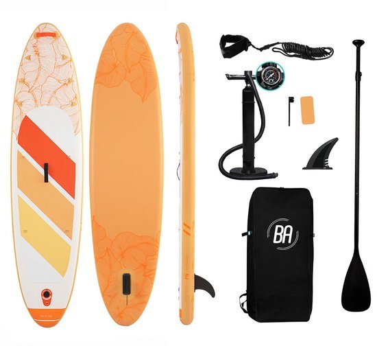 Best Active Solara SUP Board XL - 320x81x15cm - Belastbaarheid Max. 170KG - Opblaasbaar Paddle Board - Complete Set - Met Pomp / Draagtas / Verstelbare Peddel / Enkelkoord / Reparatiekit - Oranje