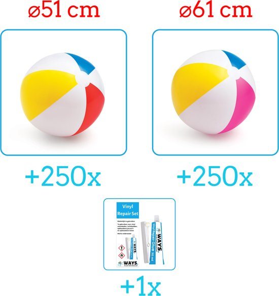 Intex Opblaasbare Strandballen - Strandbal Voordeelverpakking - 2 x 250 stuks - Strandbal Jumbo - Diameter 51 en 61 cm - Ideal voor Festivals - Inclusief handig Reparatiesetje