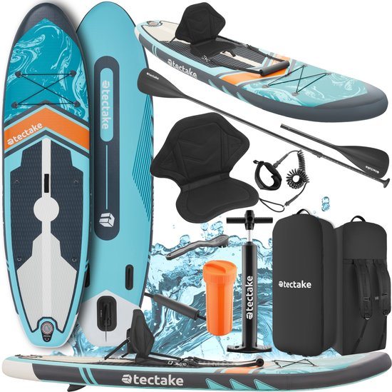 tectake® Stand-Up Paddle Board - 2-in-1 SUP Plank - Opblaasbaar - Stabiel - 288 x 77 x 22,5 cm - Ook als Kajak - Max 200kg - Oranje Turqoois - Complete SUP set met Zitje