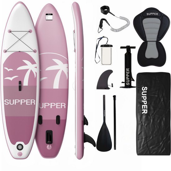 Supper Sup Board XL - Max. 220KG - Opblaasbaar – Paddle Board – Waterdicht Telefoonhoesje – Zitje - Pomp – Vin – Leash – Draagtas – 335 x 81 cm - Roze