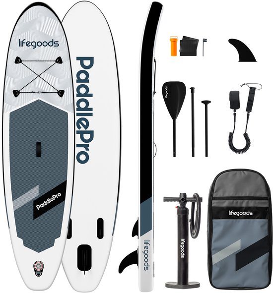 LifeGoods SUP Board Allround Compact - 120 KG Draagkracht - 300 x 76 cm - Opblaasbaar - Compleet SUP pakket - Wit/Zwart