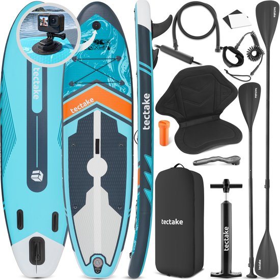 tectake® Stand-Up Paddle Board met Camerabevestiging - 2-in-1 SUP Plank - Opblaasbaar - Stabiel - 288 x 77 x 22,5 cm - Ook als Kajak - Max 200kg - Oranje Turqoois - Complete SUP set met Zitje en Camera Mount
