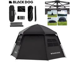 Black Dog Dome Tent - Hoogwaardige kampeertent voor 6-8 personen - Hexagonaal automatisch - Draagbare familietent - Opvouwbaar vinyl - Bescherming tegen zon en regen - Zwart
