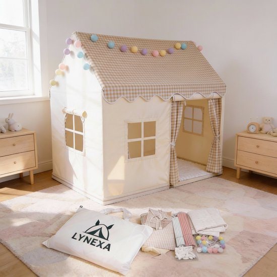 LYNEXA® - Speeltent - Kindertent - Speelhuis - Speeltent meisjes - Speeltent jongens - Speelhuisje binnen - Speelgoed 3 t/m 9 jaar - Incl. Zachte Mat, Verlichting, Opbergtas – Beige / Lichtbruin