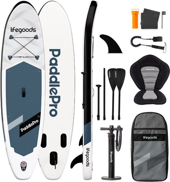 LifeGoods SUP Board Allround Compact - Met Zitje - 120 KG Draagkracht - 300 x 76 cm - Opblaasbaar - Compleet SUP pakket - Zwart/Wit