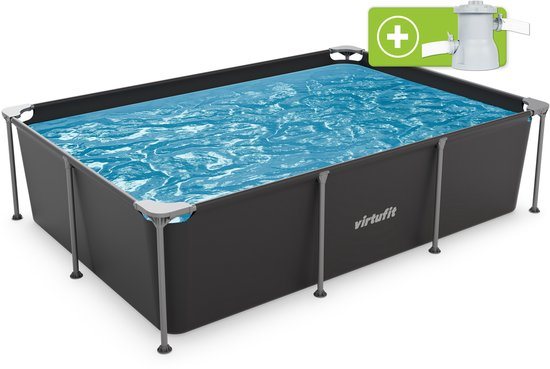 VirtuFit Rechthoekig Zwembad 260 x 180 x 66 cm - Incl. Filterpomp - Opzetzwembad - Duurzaam & Veilig Stalen Frame - Antraciet