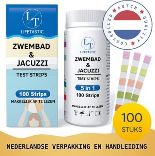 LT LIFETASTIC 100 stuks - 5 in 1 Teststrips zwembad - Waterkwaliteit Controle - Spa - Jacuzzi - Chloor - pH Waarde - Veilig Zwemmen - Onderhoud - Water - NL Verpakking en Handleiding - Handige Hersluitbare Verpakking