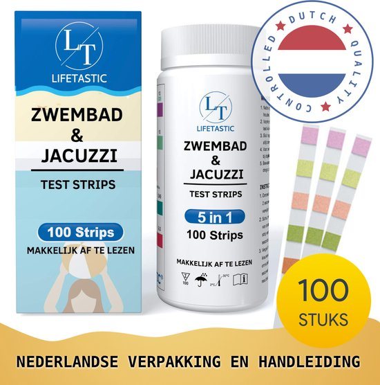 LT LIFETASTIC 100 stuks - 5 in 1 Teststrips zwembad - Waterkwaliteit Controle - Spa - Jacuzzi - Chloor - pH Waarde - Veilig Zwemmen - Onderhoud - Water - NL Verpakking en Handleiding - Handige Hersluitbare Verpakking