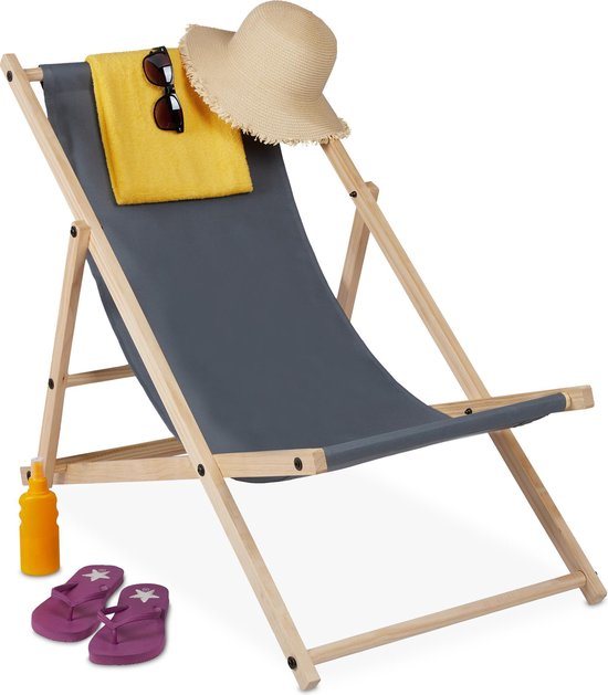 strandstoel - hout - 3 standen - ligstoel met stof - inklapbaar & verstelbaar - tuin - strand & balkon - donkergrijs