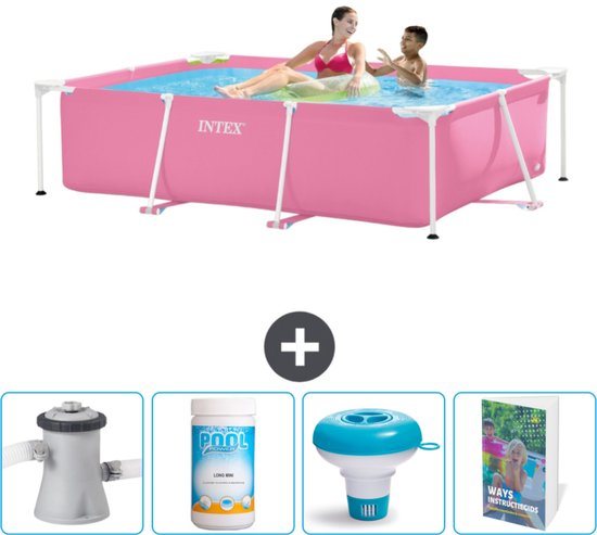 Intex Rechthoekig Frame Zwembad - 220 x 150 x 60 cm - Roze - Inclusief Zwembadfilterpomp - Chloor - Chloordrijver - Zwembadgids