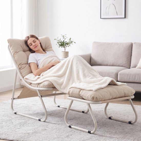 Intebiki - tuinstoelen - terrasstoelen - relaxfauteuil - met kussen - metalen frame - loungestoel buiten - met poef - ergonomische stoel - geschikt voor woonkamer - slaapkamer of kantoor
