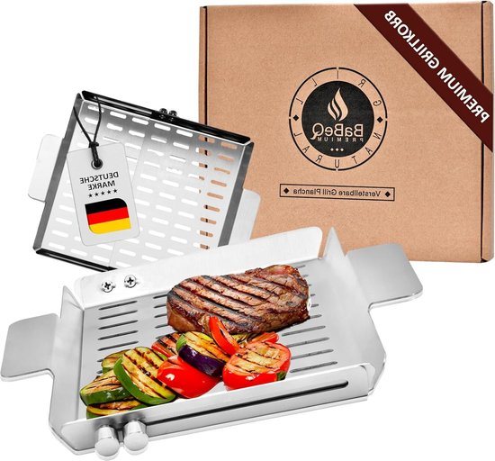 RVS traploos verstelbare grillmand tot 28 cm - barbecue-accessoires voor vis, groenten, vlees - gasgrill, kolengrill, oven